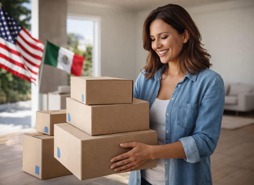 Persona recibiendo paquetes en casa tras comprar en Estados Unidos y recibir en México con Cruzalo - ¿Por qué comprar en USA es mejor que en México?