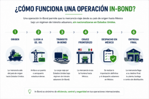 Infografía que muestra cómo funciona una operación In-Bond, desde el origen de la mercancía hasta su entrega final en México.